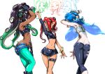  3girls :d ^_^ agent_8_(splatoon) aqua_hair aqua_pantyhose arm_up ass bare_shoulders black_gloves black_leggings black_shirt black_skirt blue_hair breasts chest_sarashi closed_eyes closed_mouth crop_top dark-skinned_female dark_skin earrings fingerless_gloves gloves gradient_hair grey_shorts groin hachimaki headband headphones highres jewelry koharu2.5 leggings long_hair marina_(splatoon) medium_breasts miniskirt mole mole_under_mouth multicolored_hair multiple_earrings multiple_girls navel navel_piercing nejiri_hachimaki octoling octoling_girl octoling_player_character open_mouth pantyhose pantyhose_under_shorts piercing poncho red_hair sarashi shirt shiver_(splatoon) shorts sideboob simple_background single_sleeve skirt small_breasts smile splatoon_(series) splatoon_2 splatoon_2:_octo_expansion splatoon_3 tentacle_hair thigh_strap tooth_earrings two-tone_hair white_background zipper 