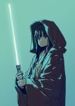  1girl black_hair blue_background blue_lightsaber brown_robe energy_sword highres imigimuru inoue_takina lightsaber lycoris_recoil purple_eyes robe solo star_wars sword weapon 