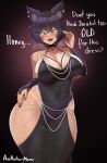  1girl absurdres aestheticc-meme animal_ears black_dress black_hair blush breasts cat_ears cat_girl chain dress gold_chain highres hip_vent jewelry kali_belladonna large_breasts low_neckline mature_female meme_attire modakawa_dress rwby short_hair smile tan tanlines thick_thighs thighs tight_clothes tight_dress wide_hips yellow_eyes 