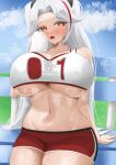  1girl absurdres azur_lane breasts crop_top highres holding holding_towel large_breasts long_hair looking_to_the_side midriff multicolored_hair navel number_print official_alternate_costume open_mouth osasa_(osasabeaf) prinz_eugen_(azur_lane) prinz_eugen_(brilliant_touchdown)_(azur_lane) red_hair red_shorts shorts sitting sports_bra streaked_hair sweat towel two_side_up underboob white_hair white_sports_bra wiping_sweat 