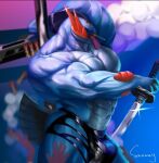 abs anthro blue_body bulge candy clothing dancing dessert food generation_3_pokemon gun jockstrap katana lollipop male melee_weapon muscular muscular_anthro muscular_arms muscular_male navel nintendo pecs pokemon pokemon_(species) pole pole_dancing ranged_weapon red_eyes shell_(projectile) shibidyboop shotgun shotgun_shell solo swampert sword tongue tongue_out underwear weapon yellow_sclera