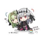  2girls ^^^ black_bow black_dress black_footwear black_gloves blush_stickers bow chibi commentary_request cup dress gloves goddess_of_victory:_nikke green_eyes green_hair grey_hair grey_thighhighs hair_between_eyes hair_bow highres juliet_sleeves kilo_(nikke) long_hair long_sleeves modernia_(nikke) modernia_(second_affection)_(nikke) multiple_girls open_mouth parted_lips puffy_long_sleeves puffy_sleeves red_eyes shadow shoes simple_background sleeves_past_wrists standing standing_on_one_leg tears thighhighs totatokeke translation_request very_long_hair white_background wide_sleeves 