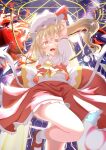  1girl absurdres arms_up ascot back_bow blonde_hair blush bow commentary_request danmaku electricity fang flandre_scarlet frilled_shirt_collar frilled_skirt frills hat hat_ribbon hexagram highres kanatsu_(izayoi_f2202) leg_up long_hair looking_at_viewer magic_circle mob_cap open_mouth orange_eyes red_footwear red_ribbon red_skirt red_vest ribbon shirt shoes short_sleeves skirt socks solo star_of_david teeth touhou upper_teeth_only vest white_bow white_hat white_shirt white_socks wings yellow_ascot yellow_bow 