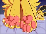  ambiguous_gender bed blitzpitz butt claws close-up cute_fangs eeveelution eyelashes feet feral foot_fetish foot_focus furniture generation_1_pokemon hi_res jolteon looking_at_viewer looking_back looking_back_at_viewer lying nintendo on_front pawpads pink_pawpads pokemon pokemon_(species) presenting presenting_hindquarters purple_eyes rear_view seductive signature simple_background smile solo toe_claws 