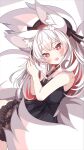  1girl :d animal_ears bare_arms bare_shoulders beret black_bow black_dress black_hat bow commission copyright_request daidai_ookami dress fox_ears fox_girl fox_tail frilled_dress frills grey_background grey_hair hands_up hat highres kitsune long_hair looking_at_viewer looking_to_the_side multicolored_hair own_hands_together red_eyes red_hair skeb_commission sleeveless sleeveless_dress smile solo streaked_hair tail two-tone_background very_long_hair white_background 