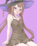  1girl alternate_costume animal_ears blush breasts brown_hair cleavage collarbone commentary_request hair_between_eyes hair_rings hat horse_ears horse_girl kurama_(jpjvn42ej6tug5n) lingerie long_hair open_mouth purple_background small_breasts solo sweep_tosho_(umamusume) twintails umamusume underwear witch_hat 