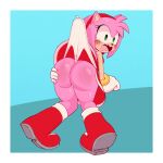  amy_rose anthro boots bullying butt butt_focus clothed clothing dress eulipotyphlan female fist footwear hedgehog hi_res holding_butt knock-kneed looking_back mammal nitrowolf2018 panties pink_body sega shocked solo sonic_the_hedgehog_(series) surprise surprised_expression underwear upskirt wedgie 