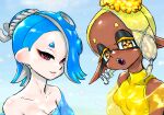  2girls asymmetrical_hair bare_shoulders blonde_hair blue_hair breasts cephalopod_eyes chest_sarashi colored_eyelashes colored_tongue cross-shaped_pupils dark-skinned_female dark_skin earrings eyeliner fang fang_out fangs food food_on_head forehead frye_(splatoon) hachimaki headband highres horizontal_pupils inkling jewelry koharu2.5 long_pointy_ears makeup medium_breasts multiple_earrings multiple_girls nejiri_hachimaki object_on_head octoling open_mouth orange_pupils pink_eyes pointy_ears purple_tongue red_eyeliner red_pupils sarashi shawl shirt shiver_(splatoon) short_eyebrows short_hair sleeveless sleeveless_shirt splatoon_(series) splatoon_3 suction_cups symbol-shaped_pupils tentacle_hair tooth_earrings yellow_eyes yellow_shirt 