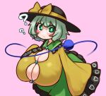  ? black_hat blush bow breasts bright_pupils cleavage dress frilled_dress frilled_skirt frills green_eyes green_hair green_skirt hat heart highres huge_breasts komeiji_koishi looking_at_viewer short_hair skirt third_eye touhou yellow_bow yellow_dress zakozako_y 