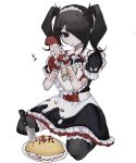 1girl ame-chan_(needy_girl_overdose) apron black_dress black_hair black_thighhighs bottle collared_dress dress food frilled_apron frilled_dress frills hair_ornament hair_over_one_eye hands_up highres holding holding_bottle ketchup ketchup_bottle knife long_hair looking_at_viewer maid maid_headdress needy_girl_overdose official_alternate_costume omelet omurice plate puffy_short_sleeves puffy_sleeves self-harm_scar short_sleeves sitting solo sweets_paradise thighhighs twintails uxvqx white_apron white_background wrist_cuffs x_hair_ornament 