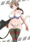  1girl absurdres animal_ears animal_print ass_visible_through_thighs bell blue_eyes bottle bra braid brown_hair cat_ears cat_tail cowboy_shot gun highres horns large looking_at_viewer lynette_bishop miyafuji_yoshika panties single_braid smile solo standing strike_witches striped striped_legwear tail thigh_gap tricky_46 underwear underwear_only weapon weapon_request white_bra white_panties world_witches_series 