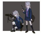  1girl ammunition_pouch animal_ears arm_at_side artist_name bag black_bag black_footwear black_socks blazer blue_jacket blue_skirt blush border cat_ears closed_mouth collared_shirt commentary extra_ears feiqizi_(fkey) fkey flashlight full_body grey_background grey_hair gun hair_between_eyes handgun highres holding holding_flashlight holding_gun holding_weapon jacket kneehighs loafers long_hair long_sleeves looking_at_viewer magazine_(weapon) multiple_views necktie open_clothes open_jacket original outside_border pink_eyes pleated_skirt pouch purple_necktie school_uniform shirt shoes shoulder_bag skirt socks squatting standing suppressor symbol-only_commentary trigger_discipline weapon weapon_request white_border white_shirt 