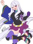  1girl blush breasts curly_hair gloves highres japanese_clothes katanagatari knees long_hair mefomefo nail numbered one_eye_closed purple_eyes purple_skirt sandals skirt smile solo thighhighs togame white_hair 