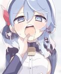 1girl ako_(blue_archive) bell blue_archive blue_eyes blue_hair breasts cezf28 cowbell finger_in_another&#039;s_mouth hair_between_eyes highres large_breasts neck_bell saliva saliva_drip short_hair simple_background teeth tongue white_background 