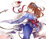  1girl artist_name beatrix_(granblue_fantasy) belt belt_buckle blue_bow blue_hakama blue_kimono blue_sleeves bow breasts brown_belt brown_hair buckle commentary cowboy_shot english_commentary eyelashes fox_mask frilled_sleeves frills granblue_fantasy green_eyes hair_bow hair_ornament hair_scrunchie hairpin hakama high_ponytail holding holding_ribbon hollyyn japanese_clothes kimono large_breasts light_blush long_hair long_sleeves mask open_mouth petals pom_pom_(clothes) pom_pom_hair_ornament purple_scrunchie red_bow red_ribbon ribbon scrunchie short_kimono simple_background smile solo striped_bow teeth unworn_mask upper_teeth_only waist_bow watermark white_background white_mask wide_sleeves 