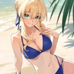 1girl ahoge artoria_pendragon_(fate) bare_shoulders beach bikini blonde_hair blue_bikini blue_nails breasts cross fate/grand_order fate/stay_night fate_(series) green_eyes highres jewelry long_hair looking_at_viewer medium_breasts nail_polish navel necklace saber_(fate) sand smile solo swimsuit water wet xiaoxiao_de_kuangsan 