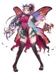  1girl armpit_crease bangs black_legwear blush bracelet breasts butterfly_wings covered_navel detached_sleeves dress elf english_commentary eyebrows_visible_through_hair facial_mark fairy fire_emblem fire_emblem_heroes forehead_mark groin hairband highres injury jewelry keipup knees_together_feet_apart large_breasts leotard long_hair looking_at_viewer necklace parted_bangs pelvic_curtain plant plumeria_(fire_emblem) pointy_ears ponytail red_eyes sideboob sidelocks silver_hair simple_background solo taut_clothes taut_dress thighhighs thighs thorns torn_clothes twitter_username vines white_background wings 