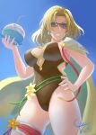  1girl alternate_costume blonde_hair blue_eyes breasts brown_one-piece_swimsuit cape ciderwrath coconut_cup earrings fire_emblem fire_emblem:_the_sacred_stones fire_emblem_heroes from_below highres jewelry large_breasts looking_at_viewer looking_down medium_hair official_alternate_costume one-piece_swimsuit selena_(fire_emblem:_the_sacred_stones) selena_(summer)_(fire_emblem:_the_sacred_stones) smile solo sunglasses swimsuit thighs tinted_eyewear 