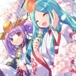  2girls amaterasu_(p&amp;d) androgynous aqua_hair blunt_bangs cherry_blossoms dango food hagoromo hakama haori headdress headpiece highres japanese_clothes kimono kuuron_(moesann17) multiple_girls purple_hair puzzle_&amp;_dragons saishi sanshoku_dango shawl twintails wagashi yomi_(p&amp;d) 