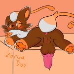 1:1 absurd_res ambiguous_gender andromorph anus balls blush brown_body brown_fur canid canine clitoris female feral fox fur generation_5_pokemon genitals gynomorph herm hi_res intersex looking_at_viewer lying male maleherm mammal nintendo nonbinary_(lore) on_front pawpads paws penis pokemon pokemon_(species) presenting pussy rory_arctic_fox solo zorua zorua_day