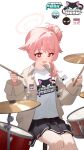  1girl absurdres ahoge black_skirt blue_archive cross-shaped_pupils drum drum_set drumsticks eco_376124 feet_out_of_frame hair_bun halo highres holding holding_drumsticks instrument jacket logo natsu_(band)_(blue_archive) natsu_(blue_archive) official_alternate_costume pink_hair print_shirt shirt simple_background single_side_bun sitting skirt solo symbol-shaped_pupils white_background white_jacket white_shirt 