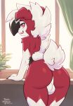  anthro balls biped blush butt fur generation_7_pokemon genitals hi_res looking_at_viewer looking_back looking_back_at_viewer lycanroc male midnight_lycanroc nintendo open_mouth open_smile pokemon pokemon_(species) rear_view red_body red_fur short_tail smile solo tail toxicmilkyx white_body white_fur 