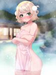  1girl absurdres ass blunt_bangs blush breasts green_eyes hair_ornament highres indie_virtual_youtuber medium_breasts night night_sky nipples nude onsen outdoors paid_reward_available parted_lips seisui_bar shigure_ui_(vtuber) short_hair sky solo star_(sky) starry_sky steam towel virtual_youtuber wading wet 