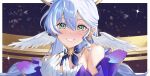 1girl absurdres aqua_eyes armpit_crease bare_shoulders bead_necklace beads blue_hair breasts collar commentary detached_sleeves earrings gloves hair_between_eyes halo head_wings highres honkai:_star_rail honkai_(series) jewel_under_eye jewelry light_blush long_hair looking_at_viewer necklace portrait purple_collar robin_(honkai:_star_rail) smile solo sparkle white_gloves wings y_osu 