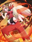  1girl bike_shorts black_shorts blaziken blue_eyes bow breasts brown_hair carrying commentary_request fire full_body hair_bow highres may_(pokemon) open_mouth pokemon pokemon_(creature) pokemon_oras princess_carry red_bow red_shirt shirt shoes shorts sleeveless sleeveless_shirt twitter_username tyobi_2002 yellow_footwear 