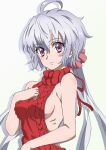  1girl ahoge breasts grey_hair hand_on_own_chest highres keeemu_(gouf2016) long_hair looking_at_viewer medium_breasts meme_attire purple_eyes red_sweater ribs senki_zesshou_symphogear sideboob solo sweater twintails upper_body virgin_killer_sweater white_background yukine_chris 