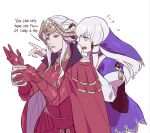  2girls armor blush byuub cape dress earrings edelgard_von_hresvelg english_text fire_emblem fire_emblem:_three_houses food gloves hair_ornament horns jewelry long_hair long_sleeves lysithea_von_ordelia multiple_girls purple_eyes red_cape simple_background tiara white_hair 