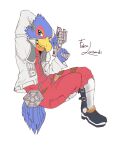  2016 3:4 anthro avian beak biped bird blue_body blue_eyes blue_feathers character_name clothed clothing digital_media_(artwork) eye_markings falco_lombardi feathers full-length_portrait fully_clothed furgonomics gun hi_res holding_gun holding_object holding_weapon looking_at_viewer male markings multicolored_body multicolored_feathers nintendo portrait pose ranged_weapon red_body red_feathers red_markings simple_background soliscanis solo star_fox tail_clothing tail_feathers video_games visor weapon white_background yellow_beak 
