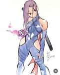 1girl animification bodysuit breasts energy_blade highres marvel ninja official_art peach_momoko psylocke red_sash sash simple_background solo superhero_costume x-men 