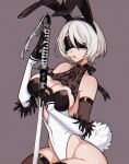  1girl 2b_(nier:automata) abottleofstars adapted_costume animal_ears black_thighhighs blindfold blush boots breasts cleavage commentary cropped_legs facing_viewer grey_hair holding holding_sword holding_weapon juliet_sleeves katana long_sleeves mole mole_under_mouth nier:automata nier_(series) playboy_bunny puffy_sleeves rabbit_ears rabbit_tail short_hair shrug_(clothing) simple_background sitting solo sword tail thigh_boots thighhighs weapon white_background 