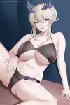  1girl artoria_pendragon_(all) artoria_pendragon_(lancer_alter)_(fate) aslindsamure bangs banned_artist bare_shoulders black_bra black_panties blonde_hair blush bra braid breasts cleavage collarbone fate/grand_order fate_(series) french_braid hair_between_eyes highres horns large_breasts leaning_back long_hair looking_at_viewer navel panties sidelocks sitting smile spread_legs thighs underwear yellow_eyes 