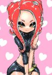  1girl agent_8_(splatoon) black_shirt black_skirt closed_mouth covered_collarbone crop_top heart heart_background highres koharu2.5 long_hair looking_at_viewer miniskirt octoling octoling_girl octoling_player_character orange_eyes red_hair shirt single_bare_shoulder single_sleeve skirt smile solo splatoon_(series) splatoon_2 splatoon_2:_octo_expansion split_mouth suction_cups tentacle_hair v_arms 
