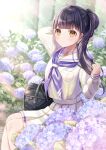  1girl bag black_hair blue_flower blunt_bangs blush breast_pocket buntason_(buritarooooo) bush closed_mouth day dot_nose flower half_updo hand_in_own_hair high-waist_skirt highres holding_own_hair hydrangea light_rays long_sleeves looking_at_viewer miniskirt neckerchief original outdoors pleated_skirt pocket ponytail purple_flower purple_neckerchief sailor_collar school_bag school_uniform serafuku shirt sidelocks skirt sleeve_cuffs sleeves_past_wrists solo white_sailor_collar white_serafuku white_shirt white_skirt yellow_eyes 