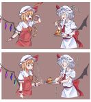  2girls ascot bat_wings blonde_hair brown_background commentary_request crystal_wings flandre_scarlet food hat kanaria_(bocmn) mob_cap multiple_girls one_side_up purple_hair red_ascot red_vest remilia_scarlet shirt short_hair short_sleeves siblings sidelocks simple_background sisters skirt touhou vest white_hat white_shirt white_skirt wings wrist_cuffs 