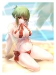  1girl absurdres alternate_hairstyle beach bikini breasts earrings highres itocoh jewelry kazami_yuuka large_breasts long_sleeves mouth_hold ocean open_clothes open_shirt palm_leaf plaid red_eyes ribbon ribbon_in_mouth sand short_hair swimsuit touhou yellow_eyes 