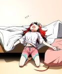  1girl animal_ears barefoot black_hair blush commentary ddolbang english_commentary hakos_baelz highres hololive hololive_english kneeling long_hair mouse_ears mouse_tail navel open_mouth outstretched_arms red_hair sleeping tail virtual_youtuber white_hair zzz 