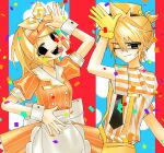  1boy 1girl absurdres alternate_costume apron black_eyes black_necktie blonde_hair blue_background breasts buttoned_cuffs buttons closed_mouth cloud collared_dress confetti crazy double-breasted dress gloves hair_ribbon hand_up highres hynn0x_x kagamine_len kagamine_rin looking_at_viewer medium_hair mesmerizer_(vocaloid) necktie one_eye_closed open_mouth orange_dress orange_shirt pinstripe_dress pinstripe_pattern ribbon sharp_teeth shirt short_hair short_sleeves small_breasts standing striped_clothes striped_shirt suspenders sweat teeth tongue tongue_out upper_body visor_cap vocaloid waist_apron white_apron wrist_cuffs yellow_gloves 