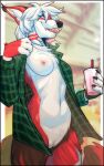  absurd_res anthro beverage bottomless breasts canid canine claws clothed clothing container cup cute_fangs female fox fur genitals green_eyes hair hi_res looking_at_viewer mammal nipples nitani one_breast_out open_clothing open_shirt open_topwear partially_clothed pussy red_body red_fur shirt smile solo tongue tongue_out topwear whiskers white_body white_fur white_hair 