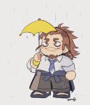  1boy bags_under_eyes blue_necktie boogeyman_(housamo) facial_hair goatee holding holding_umbrella igarashi_(igarashi_ta) long_sideburns mature_male multicolored_hair muscular mustache_stubble necktie red_eyes scar scar_on_face sideburns solo_focus stubble tokyo_afterschool_summoners two-tone_hair umbrella 