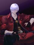  1boy black_gloves blue_eyes closed_mouth coat dante_(devil_may_cry) devil_may_cry_(series) devil_may_cry_4 facial_hair fingerless_gloves gloves hair_over_one_eye highres holding male_focus mature_male muscular muscular_male nobou_(32306136) pants red_coat shirt sitting smile solo white_hair 