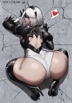 1girl 2b_(nier:automata) aelion_draws all_fours ass black_blindfold black_gloves black_hairband blindfold boots breasts clothing_cutout english_commentary from_above gloves hairband heart highres juliet_sleeves large_breasts leotard long_sleeves mole mole_under_mouth nier_(series) partially_visible_vulva puffy_sleeves short_hair smile solo spoken_heart thigh_boots thong_leotard white_hair 