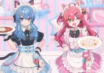  2girls :d alternate_costume animal_ears apron bell black_bow black_bowtie black_gloves black_ribbon black_shirt blue_eyes blue_hair blue_skirt blush bow bowtie cat_ears center_frills closed_mouth collared_shirt cowboy_shot dress enmaided fake_animal_ears fingerless_gloves frilled_apron frilled_shirt frilled_skirt frills gloves green_eyes hair_bell hair_between_eyes hair_ornament hair_over_shoulder hair_ribbon hairclip hand_on_own_hip heart holding holding_plate hololive hoshimachi_suisei indoors jingle_bell long_hair looking_at_viewer low_twintails maid maid_headdress multiple_girls nail_polish name_tag neck_bell neck_ribbon one_eye_closed open_mouth pink_dress pink_nails pink_skirt plate pleated_skirt puffy_short_sleeves puffy_sleeves red_hair ribbon sakura_miko shelf shirt short_sleeves shugao sidelocks skirt smile star_(symbol) star_hair_ornament striped_clothes striped_dress striped_skirt twintails two-tone_skirt two_side_up virtual_youtuber watermark white_apron white_wrist_cuffs wrist_cuffs x_hair_ornament 