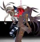  1girl animal_ears ankh ankh_necklace antenna_hair bandages belly_chain black_bandages blood breasts colored_inner_hair dark-skinned_female dark_skin earrings egyptian facepaint facial_mark fate/grand_order fate_(series) glowing_skin hairband highres hoop_earrings jackal_ears jewelry long_hair medium_breasts mimulishizi multicolored_hair navel nemes nitocris_(fate) nitocris_alter_(fate) nitocris_alter_(first_ascension)_(fate) purple_hair sidelocks solo usekh_collar very_long_hair yellow_eyes 