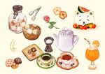  absurdres cookie cup dezitarukinngyo drinking_glass drinking_straw flower food food_focus fruit highres jar kiwi_(fruit) no_humans orange_(fruit) orange_slice original rose saucer simple_background strawberry sugar_cube tea teacup teapot tongs watermelon white_background 