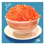  absurdres blue_background border bowl fish_(food) food food_focus highres ikura_(food) no_humans original plate roe takisou_sou white_border 