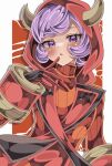  1girl blush border courtney_(pokemon) cracked_background fake_horns finger_to_mouth gloves highres hood hood_up hooded_vest hoodie horned_hood horns leaning_to_the_side looking_at_viewer open_mouth pokemon pokemon_oras purple_eyes purple_hair red_background red_gloves red_hood red_wrist_cuffs ribbed_sweater shiki_(kisikisi1007) short_hair solo sweater team_magma team_magma_logo team_magma_uniform turtleneck turtleneck_sweater upper_body vest white_border wrist_cuffs 